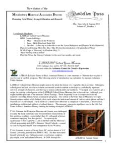 Newsletter of the  Mecklenburg Historical Association Docents Promoting Local History through Education and Research May, June, July & August, 2011 Volume 17, Number 3