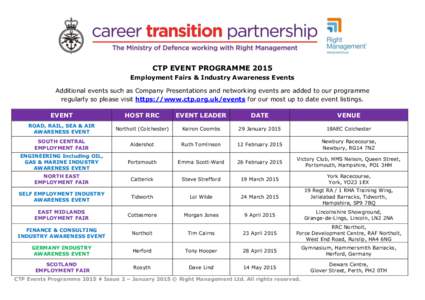 CTP EVENT PROGRAMME 2015 Employment Fairs & Industry Awareness Events Additional events such as Company Presentations and networking events are added to our programme regularly so please visit https://www.ctp.org.uk/even