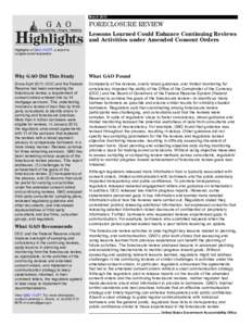 GAO[removed]Highlights, FORECLOSURE REVIEW: Lessons Learned Could Enhance Continuing Reviews and Activities under Amended Consent Orders