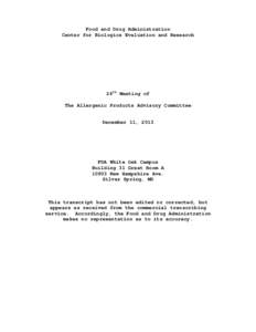 Food and Drug Administration Center for Biologics Evaluation and Research 26th Meeting of The Allergenic Products Advisory Committee