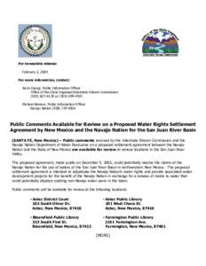 For immediate release: February 2, 2004 For more information, contact: Karin Stangl, Public Information Officer Office of the State Engineer/Interstate Stream Commission[removed]or[removed]