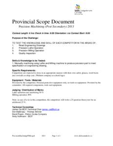 Provincial Scope Document Precision Machining (Post Secondary[removed]Contest Length: 6 hrs Check in time: 8:30 Orientation: n/a Contest Start: 9:00 Purpose of the Challenge: TO TEST THE KNOWLEDGE AND SKILL OF EACH COMPETI