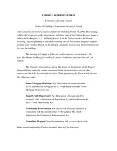 FRB: Press Release -- New security procedures for Consumer Advisory Council meeting, March[removed]March 1, 2002