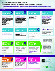 HealthCare Access Maryland’s  Affordable Care Act Open Enrollment Timeline ▶ Key dates and enrollment events in Anne Arundel County, Baltimore City, and Baltimore County