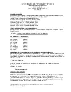 STATE BOARD OF PSYCHOLOGY OF OHIO APPROVED MEETING MINUTES JUNE 18, 2012 RIFFE CENTER, ROOM 31 EAST B COLUMBUS BOARD MEMBERS