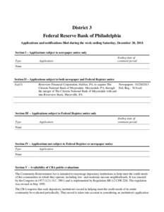 District 3 Federal Reserve Bank of Philadelphia Applications and notifications filed during the week ending Saturday, December 20, 2014 Section I – Applications subject to newspaper notice only Type