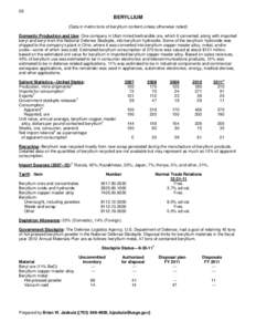 28  BERYLLIUM (Data in metric tons of beryllium content unless otherwise noted) Domestic Production and Use: One company in Utah mined bertrandite ore, which it converted, along with imported beryl and beryl from the Nat