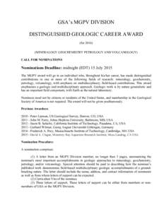 GSA’s MGPV DIVISION DISTINGUISHED GEOLOGIC CAREER AWARD (forMINERALOGY GEOCHEMISTRY PETROLOGY AND VOLCANOLOGY) CALL FOR NOMINATIONS