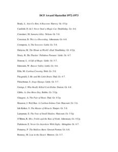 DCF Award Masterlist[removed]Brady, L. Aise-Ce-Bon, A Raccoon. Harvey. Gr. 4 Up. Caufield, D. & J. Never Steal a Magic Cat. Doubleday. Gr[removed]Constiner, M. Sumatra Alley. Nelson. Gr[removed]Corcoran, B. This is a Recor