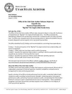 OFFICE OF THE  UTAH STATE AUDITOR News Release For Immediate Release August 2, 2016