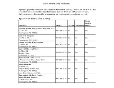 HOME HEALTH CARE P ROVID ERS  Ag e n c ie s p ro v id e s e rv ic e in a ll o r p a rt o f Hu n te rd o n Co u n ty . In c lu s io n o n th is lis t d o e s n o t c o n s titu te e n d o rs e m e n t by th e Hu n te rd o