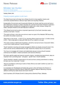 News Release Minister Ian Hunter Minister for Climate Change Minister for Sustainability, Environment and Conservation Tuesday, 3 March, 2015