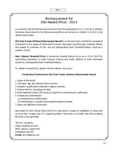 Announcement for IGU Award/Prize[removed]In connection with the 51st Annual Convention of IGU during November 19-21, 2014 at Kurukshetra University, Nominations for the following Award/Prize are invited on or before 31-8-