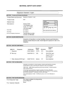 MATERIAL SAFETY DATA SHEET  Magnesium Standard 1.0 ppm SECTION 1 . Product and Company Idenfication  Product Name and Synonym: