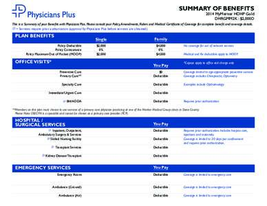 SUMMARY OF BENEFITSMyMeriter HDHP Gold DHRGMM2K : $2,000D  This is a Summary of your Benefits with Physicians Plus. Please consult your Policy, Amendments, Riders and Medical Certificate of Coverage for complete b