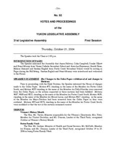 - [removed]No. 92 VOTES AND PROCEEDINGS of the YUKON LEGISLATIVE ASSEMBLY
