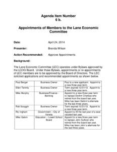 Agenda Item Number 6 b. Appointments of Members to the Lane Economic Committee Date:
