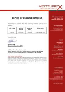 EXPIRY OF UNLISTED OPTIONS The Company advises that the following unlisted options have expired: ASX CODE VXRAS