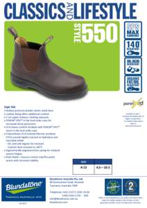 Style 550  Walnut premium leather elastic sided boot  Leather lining offers additional comfort  V cut upper reduces stitching exposure  PORON® XRD™ in the heel strike zone for