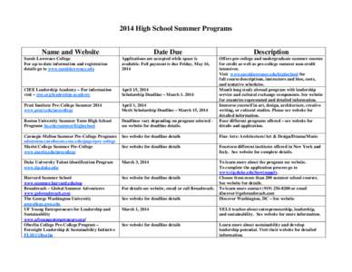 2014 High School Summer Programs Name and Website Date Due  Description
