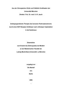 Antiangiogenetische Therapie des humanen Pankreaskarzinoms durch einen EGF-Rezeptor-Antikoerper nach orthotoper Implantation in die Nacktmaus