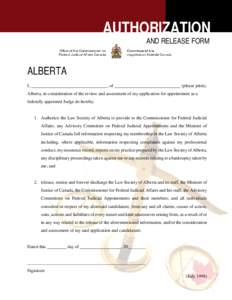 AUTHORIZATION AND RELEASE FORM ALBERTA I,