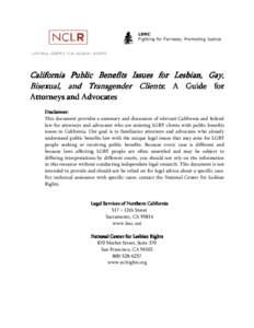 California Public Benefits Issues for Lesbian, Gay, Bisexual, and Transgender Clients: A Guide for Attorneys and Advocates (August 2011)