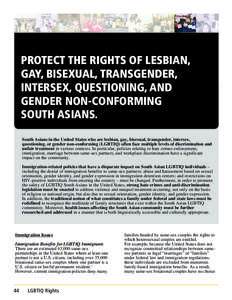 PROTECT THE RIGHTS OF LESBIAN, GAY, BISEXUAL, TRANSGENDER, INTERSEX, QUESTIONING, AND GENDER NON-CONFORMING SOUTH ASIANS. South Asians in the United States who are lesbian, gay, bisexual, transgender, intersex,