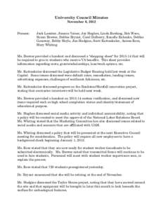University Council Minutes November 6, 2012 Present: Jack Lassiter, Jimmie Yeiser, Jay Hughes, Linda Rushing, Bob Ware, Susan Brewer, Debbie Bryant, Carol Dolberry, Ranelle Eubanks, Debbie
