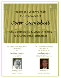 Please join us as we mark the retirement of John Campbell and celebrate his 30 years of ministry at Church of the Redeemer