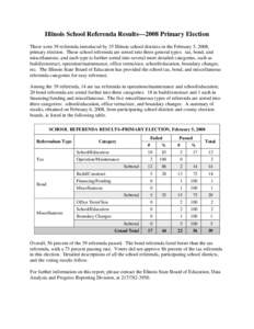 Illinois School Referenda Results—2008 Primary Election There were 39 referenda introduced by 35 Illinois school districts in the February 5, 2008, primary election. These school referenda are sorted into three general