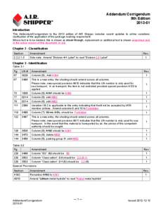 Addendum/Corrigendum 9th Edition[removed]Introduction This Addendum/Corrigendum to the 2013 edition of AIR Shipper includes recent updates to airline variations; clarification of the application of the package marking re