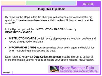 Using This Flip Chart By following the steps in this flip chart you will soon be able to answer the big question, “Have auroras been seen within the last 24 hours due to a solar storm?” In the flipchart you will find