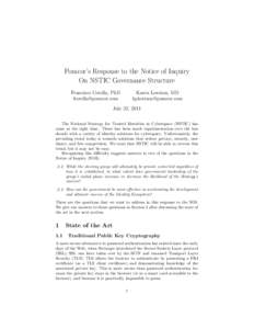 Pomcor’s Response to the Notice of Inquiry On NSTIC Governance Structure Francisco Corella, PhD [removed]  Karen Lewison, MD