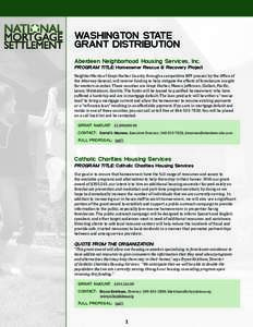 WASHINGTON STATE GRANT DISTRIBUTION Aberdeen Neighborhood Housing Services, Inc. PROGRAM TITLE: Homeowner Rescue & Recovery Project NeighborWorks of Grays Harbor County, through a competitive RFP process by the Office of