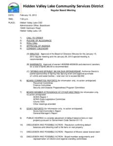 Hidden Valley Lake Community Services District Regular Board Meeting DATE:  February 19, 2013
