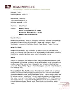 Geotechnical Engineering x Hydrogeology x Geoenvironmental Services x Inspection and Testing  February 7, 2007 HWA Project No[removed]Mike Sharar Consulting 3515 Gainsborough Ct. SE