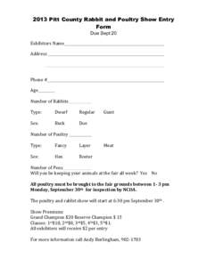 2013 Pitt County Rabbit and Poultry Show Entry Form Due Sept 20  