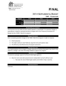 FINAL 2014 SUPPLEMENTAL BUDGET TANF - PLACEHOLDER Request FTE GF-State