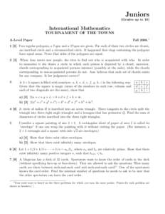 Juniors (Grades up to 10) International Mathematics TOURNAMENT OF THE TOWNS A-Level Paper