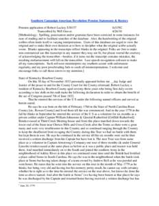 Southern Campaign American Revolution Pension Statements & Rosters Pension application of Robert Luckey S38157 fn31NC Transcribed by Will Graves[removed]Methodology: Spelling, punctuation and/or grammar have been correc