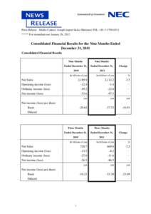 Press Release - Media Contact: Joseph Jasper/Akiko Shikimori TEL: +[removed] ***** For immediate use January 26, 2012 Consolidated Financial Results for the Nine Months Ended December 31, 2011 Consolidated Financial