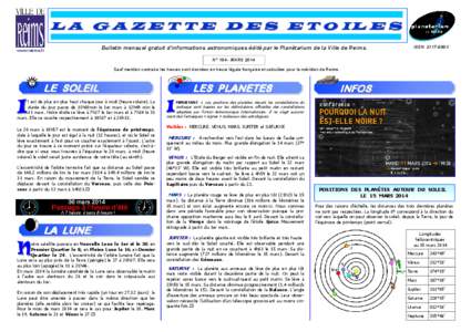 L A G A Z E T T E D E S E T O IL E S www.reims.fr Bulletin mensuel gratuit d’informations astronomiques édité par le Planétarium de la Ville de Reims.  ISSN 2117-699X