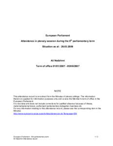 European Parliament Attendance in plenary session during the 6th parliamentary term Situation as at : [removed]Ali Nedzhmi Term of office:[removed][removed]