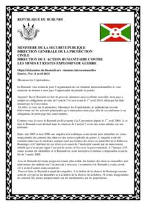 REPUBLIQUE DU BURUNDI  MINISTERE DE LA SECURITE PUBLIQUE DIRECTION GENERALE DE LA PROTECTION CIVILE DIRECTION DE L`ACTION HUMANITAIRE CONTRE