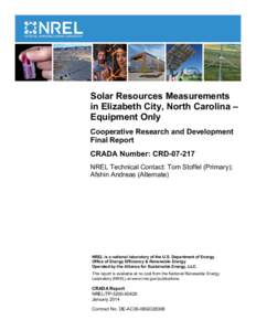 Solar Resources Measurements in Elizabeth City, North Carolina – Equipment Only. Cooperative Research and Development Final Report, CRADA Number: CRD