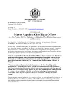 MAYOR KEVIN L. FAULCONER CITY OF SAN DIEGO FOR IMMEDIATE RELEASE Thursday, Nov. 20, 2014 CONTACT: Craig Gustafson at[removed]or [removed]