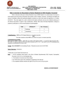 ESIC HOSPITAL EMPLOYEES’ STATE INSURANCE CORPORATION VANNARPETTAI, TIRUNELVELI TAMIL NADU[removed]Website: www.esic.nic.in