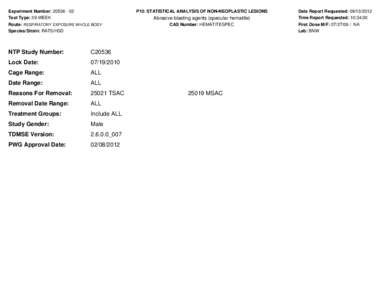 Experiment Number: [removed]Test Type: 39-WEEK P10: STATISTICAL ANALYSIS OF NON-NEOPLASTIC LESIONS  Abrasive blasting agents (specular hematite)