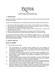 CODE OF PRACTICE FOR INDUCTION 1. INTRODUCTION This Code of Practice is available to all managers and new staff through the Personnel and Staff Development website. Induction is an essential process for all staff within 